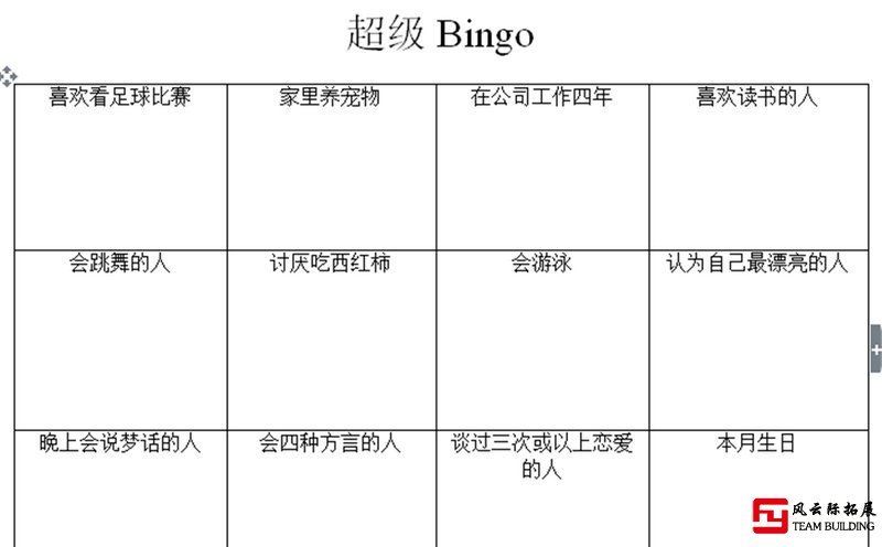 拓展訓練項目 Bingo卡